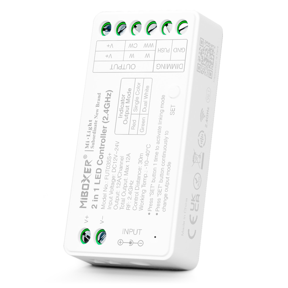 MiBoxer FUT035S+ Controlador LED 2 en 1 (2,4 GHz) para tira LED Monocolor CCT DC 12-24V